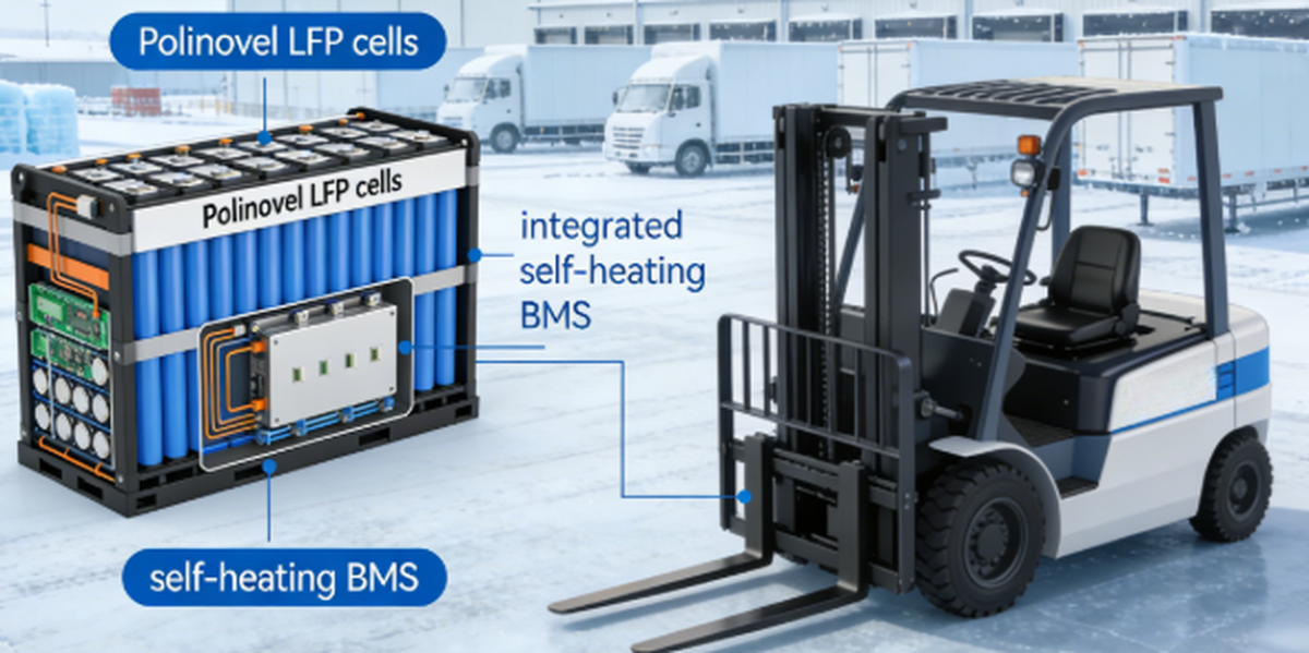 Cold chain environments and frozen distribution facilities utilizing Polinovel LFP cells with integrated self-heating BMS for optimal forklift battery discharge capacity Cold chain environments and frozen distribution facilities utilizing Polinovel LFP cells with integrated self-heating BMS for optimal forklift battery discharge capacity